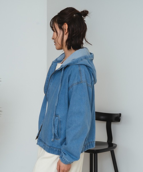 fort point(フォーポイント)の「【C-FORT POINT/フォートポイント】フード付き デニムジャケット デニムジップパーカー(デニムジャケット・レディース・インディゴブルー/ブラック/クリアブルー・MEDIUM)」の4枚目の写真