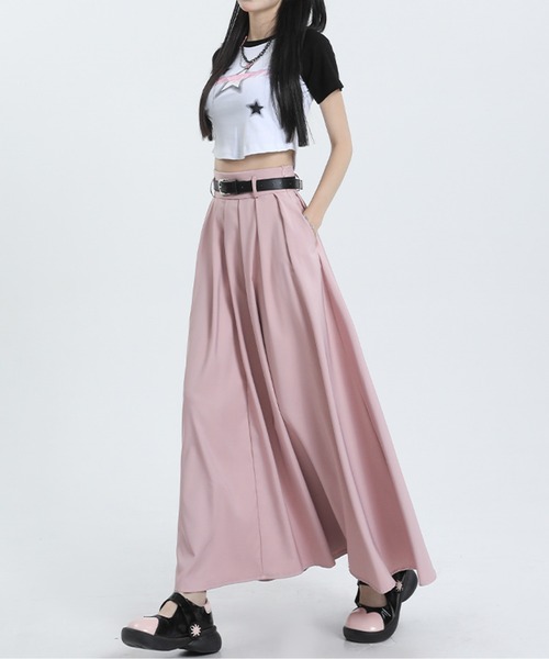 LUCPY(ラクピー)の「ベルト付き ハイウエスト フレアロングスカート(スカート・レディース・ピンク/グレー・SMALL/X-SMALL/LARGE/MEDIUM)」の2枚目の写真
