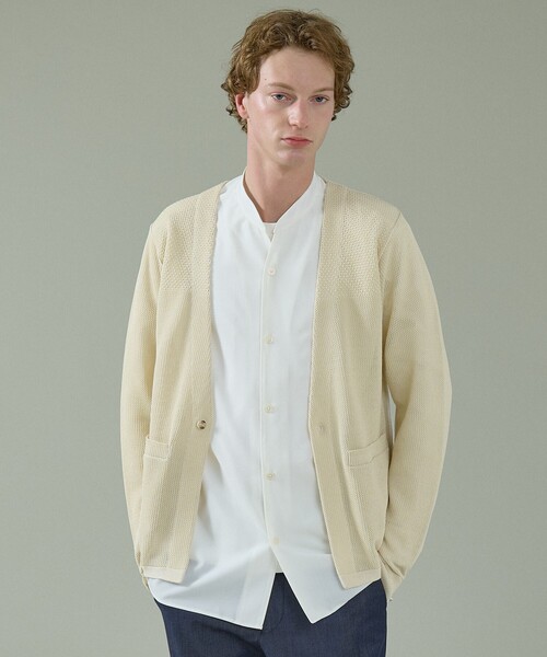 ABAHOUSE（アバハウス）の「2トーン シアーメッシュ 1ボタン カーディガン（カーディガン/ボレロ・メンズ・ブルー系その他/ベージュ/ブラック・48/46/44）」の3枚目の写真