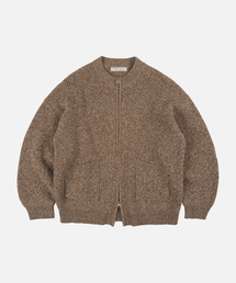 TWEED WOOL ZIP UP CARDIGAN _ BROWN