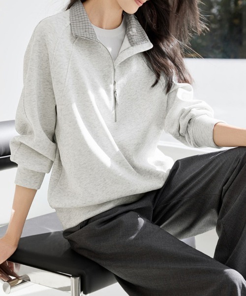 ONEP STAR（ワンピスター）の「チェック柄×ハーフジップトップス（スウェット・レディース・ライトグレー・X-LARGE/LARGE/MEDIUM）」の2枚目の写真