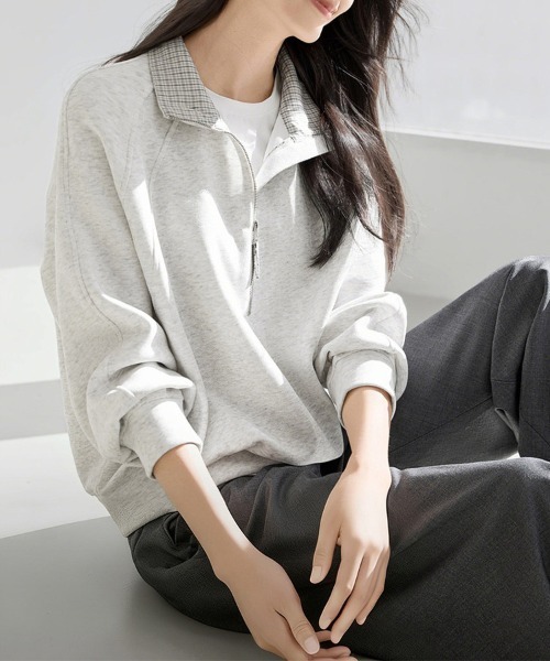ONEP STAR（ワンピスター）の「チェック柄×ハーフジップトップス（スウェット・レディース・ライトグレー・X-LARGE/LARGE/MEDIUM）」の3枚目の写真