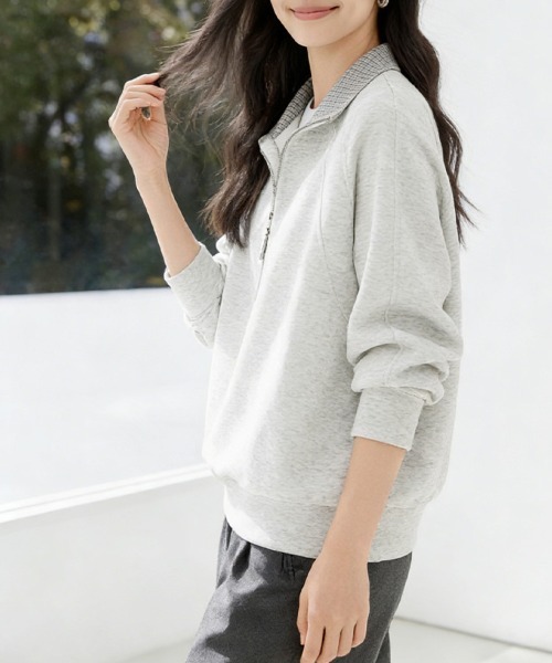 ONEP STAR（ワンピスター）の「チェック柄×ハーフジップトップス（スウェット・レディース・ライトグレー・X-LARGE/LARGE/MEDIUM）」の4枚目の写真