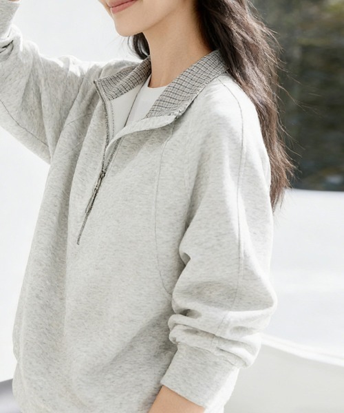 ONEP STAR（ワンピスター）の「チェック柄×ハーフジップトップス（スウェット・レディース・ライトグレー・X-LARGE/LARGE/MEDIUM）」の6枚目の写真