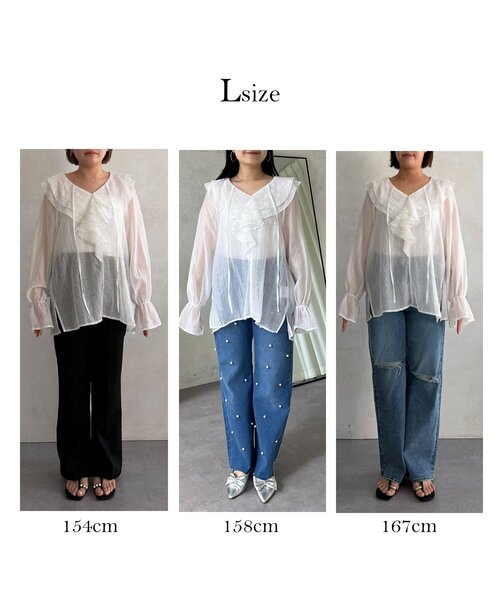 prose verse（プロズヴェール）の「シアーストライプVネックフリルブラウス（シャツ/ブラウス・レディース・オフホワイト/ブラック/イエロー・LARGE/MEDIUM）」の5枚目の写真