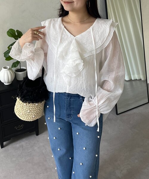 prose verse（プロズヴェール）の「シアーストライプVネックフリルブラウス（シャツ/ブラウス・レディース・オフホワイト/ブラック/イエロー・LARGE/MEDIUM）」の6枚目の写真