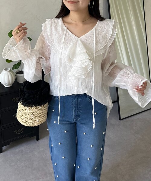 prose verse（プロズヴェール）の「シアーストライプVネックフリルブラウス（シャツ/ブラウス・レディース・オフホワイト/ブラック/イエロー・LARGE/MEDIUM）」の7枚目の写真