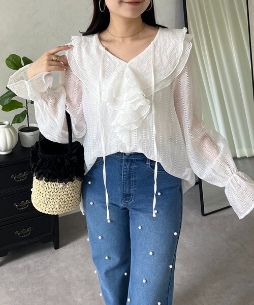 prose verse（プロズヴェール）の「シアーストライプVネックフリルブラウス（シャツ/ブラウス・レディース・オフホワイト/ブラック/イエロー・LARGE/MEDIUM）」の8枚目の写真