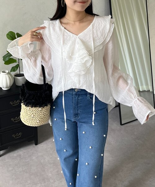 prose verse（プロズヴェール）の「シアーストライプVネックフリルブラウス（シャツ/ブラウス・レディース・オフホワイト/ブラック/イエロー・LARGE/MEDIUM）」の9枚目の写真