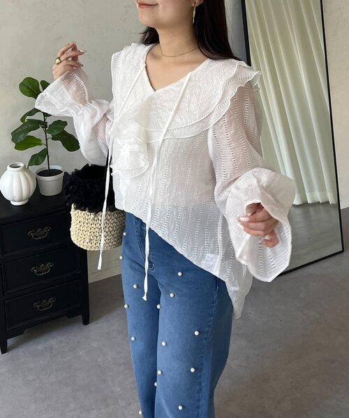 prose verse（プロズヴェール）の「シアーストライプVネックフリルブラウス（シャツ/ブラウス・レディース・オフホワイト/ブラック/イエロー・LARGE/MEDIUM）」の10枚目の写真