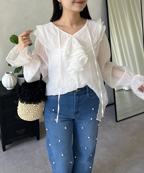 prose verse（プロズヴェール）の「シアーストライプVネックフリルブラウス（シャツ/ブラウス・レディース・オフホワイト/ブラック/イエロー・LARGE/MEDIUM）」の17枚目の写真