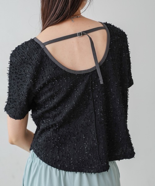 Bab(バブ)の「配色パイピングシャギーカットトップス(Tシャツ/カットソー・レディース・ブラック/アイボリー/ブルー・FREE)」の2枚目の写真