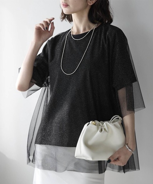セール】トップス Tシャツ 半袖 夏 春 レディース チュール ラメ 