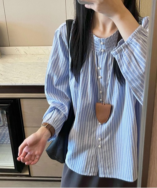 AsheKsha（アシクシャ）の「ストライプシャツ・ルーズフィットトップス（シャツ/ブラウス・レディース・ブルー・M）」の3枚目の写真