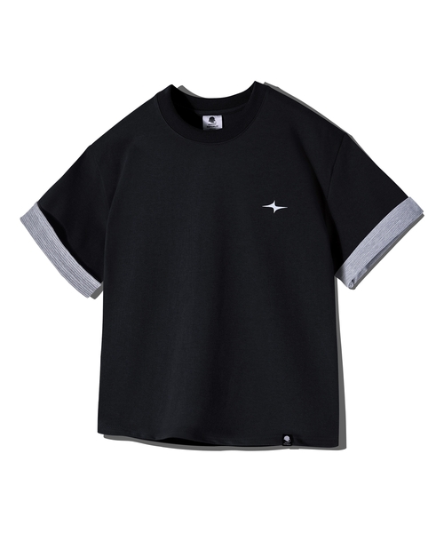 GHOST REPUBLIC(ゴーストリパブリック)の「クロップストライプ配色ロールアップ半袖Tシャツ GT-392_ブラック(Tシャツ/カットソー・レディース・ブラック・X-LARGE/LARGE/MEDIUM)」の1枚目の写真