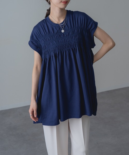 refinedworks(リファインドワークス)の「【refinedworks】異素材 ドッキング プルオーバー!(Tシャツ/カットソー・レディース・ネイビー/ブラック・FREE)」の1枚目の写真