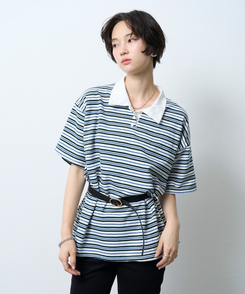 NUJOH(ヌゾ)の「Border Polo Oversize Tee / ボーダーポロオーバーサイズT(Tシャツ/カットソー・レディース・レッド/ネイビー・FREE)」の2枚目の写真