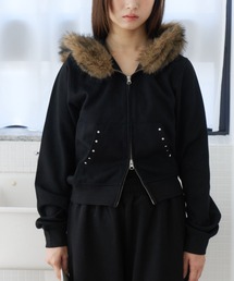 faux fur-trimmed hoodie/ファー付きホットフィックスフーディ