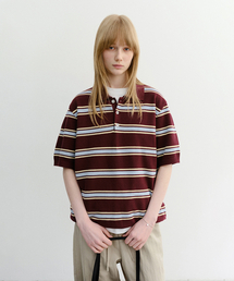UNISEX MULTI STRIPED POLO KNIT_UDSW6B122_BURGUNDY / SKY BLUE