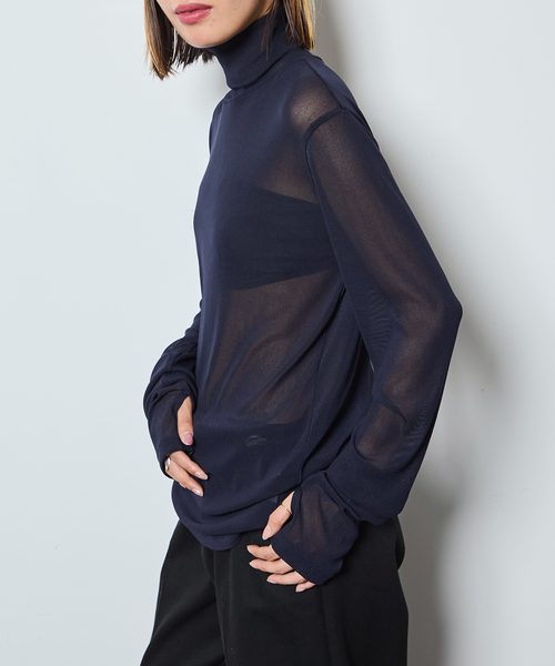 CITYSHOP(シティーショップ)の「《追加6》SHEER HIGH NECK TOP:カットソー(Tシャツ/カットソー・レディース・ネイビー/ブルー系その他/ブラウン系その他/ブラック・FREE)」の3枚目の写真
