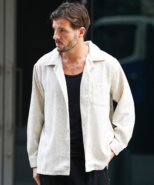 SOMEDIFF(サムディフ)の「サマーツイードオープンカラー長袖シャツ メンズ カジュアルシャツ トップス 秋服 冬服(シャツ/ブラウス・メンズ・ネイビー/ブラック/ホワイト・XL/M/XXL/L)」の1枚目の写真