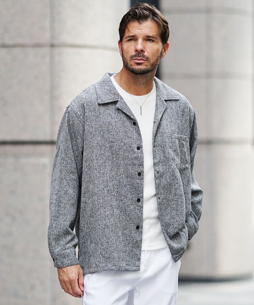SOMEDIFF(サムディフ)の「サマーツイードオープンカラー長袖シャツ メンズ カジュアルシャツ トップス 秋服 冬服(シャツ/ブラウス・メンズ・ネイビー/ブラック/ホワイト・XL/M/XXL/L)」の9枚目の写真