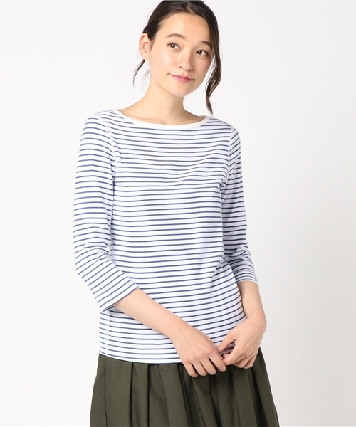 three dots(スリードッツ)の「ジンジャー T/ コットンニット 七分袖(Tシャツ/カットソー・レディース・ホワイト×グレー/ピンク系その他/ホワイト×ブルー・MEDIUM/SMALL)」の1枚目の写真