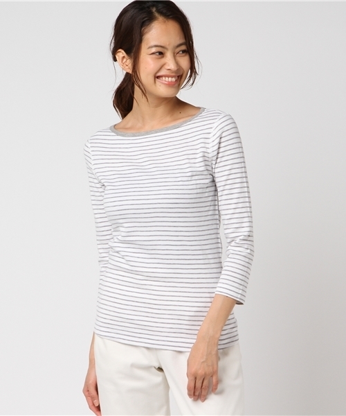 three dots(スリードッツ)の「ジンジャー T/ コットンニット 七分袖(Tシャツ/カットソー・レディース・ホワイト×グレー/ピンク系その他/ホワイト×ブルー・MEDIUM/SMALL)」の2枚目の写真