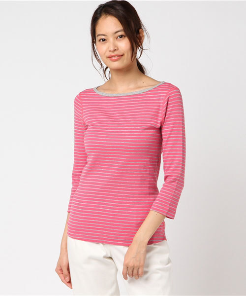 three dots(スリードッツ)の「ジンジャー T/ コットンニット 七分袖(Tシャツ/カットソー・レディース・ホワイト×グレー/ピンク系その他/ホワイト×ブルー・MEDIUM/SMALL)」の3枚目の写真