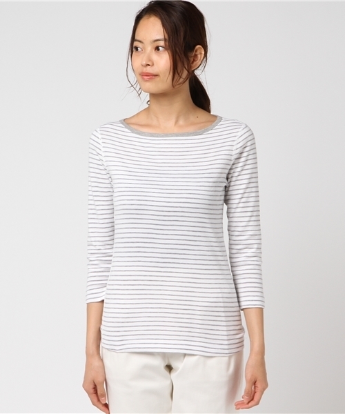 three dots(スリードッツ)の「ジンジャー T/ コットンニット 七分袖(Tシャツ/カットソー・レディース・ホワイト×グレー/ピンク系その他/ホワイト×ブルー・MEDIUM/SMALL)」の4枚目の写真