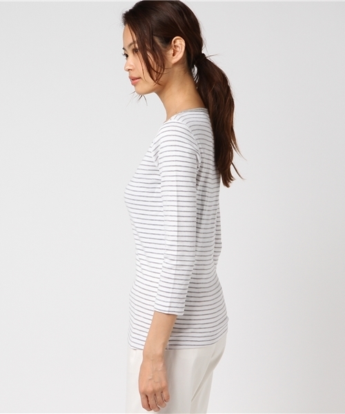 three dots(スリードッツ)の「ジンジャー T/ コットンニット 七分袖(Tシャツ/カットソー・レディース・ホワイト×グレー/ピンク系その他/ホワイト×ブルー・MEDIUM/SMALL)」の5枚目の写真