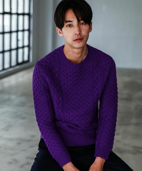green label relaxing（グリーンレーベルリラクシング）の「CM アラン ラグラン クルーネック ニット ◆（ニット/セーター・メンズ・ブラック/ベージュ/パープル・X-LARGE/SMALL/MEDIUM/LARGE）」の3枚目の写真
