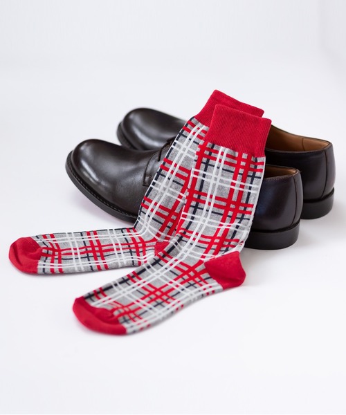 London Shoe Make(ロンドンシューメイク)の「チェック柄 / check 日本製 メンズソックス / London Shoe Make THE SOCKS 418901(ソックス/靴下・メンズ・グレー/レッド・25cm~27cm)」の3枚目の写真