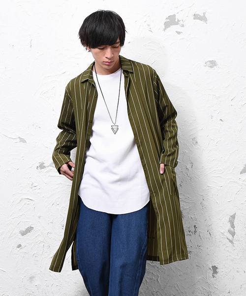 MinoriTY（マイノリティ）の「ストラップイプ柄スーパーロングシャツ（シャツ/ブラウス・メンズ・ブラック/ネイビー/カーキ/テラコッタ・M/L）」の3枚目の写真