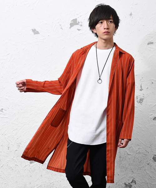 MinoriTY（マイノリティ）の「ストラップイプ柄スーパーロングシャツ（シャツ/ブラウス・メンズ・ブラック/ネイビー/カーキ/テラコッタ・M/L）」の2枚目の写真