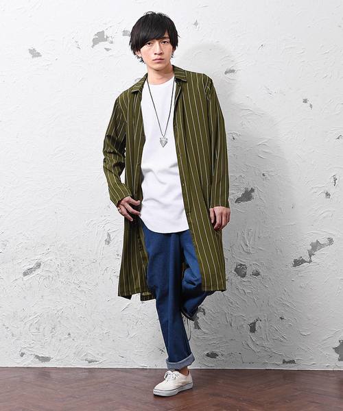 MinoriTY（マイノリティ）の「ストラップイプ柄スーパーロングシャツ（シャツ/ブラウス・メンズ・ブラック/ネイビー/カーキ/テラコッタ・M/L）」の9枚目の写真