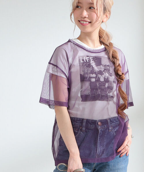 Ray BEAMS(レイビームス)の「Ray BEAMS / チュール シアー ハーフスリーブ Tシャツ(Tシャツ/カットソー・レディース・ブラック/イエロー/バイオレット・ONE SIZE)」の3枚目の写真