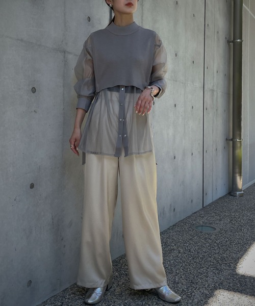 &g'aime（アンジェム）の「【&g'aime】サテンワイドタックパンツ（スラックス・レディース・ブラック/アイボリー/ライトカーキ・FREE）」の4枚目の写真