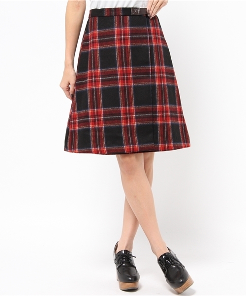 CIAOPANIC（チャオパニック）の「【Ciaopanic】チェックウールラップSK（スカート・レディース・グリーン/グレー/レッド・FREE）」の3枚目の写真