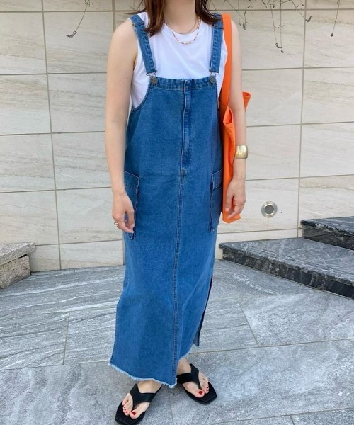 andme（アンドミー）の「コットンツイルカーゴポケットキャミワンピース（ジャンパースカート・レディース・オフホワイト/カーキ/グレー/ケミカルウォッシュ/ブラック/スミクロ/サックスブルー・M/L）」の10枚目の写真