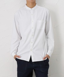 NAVY | オーガニックコットン ツイル無地 バンドカラー長袖シャツ(シャツ/ブラウス)