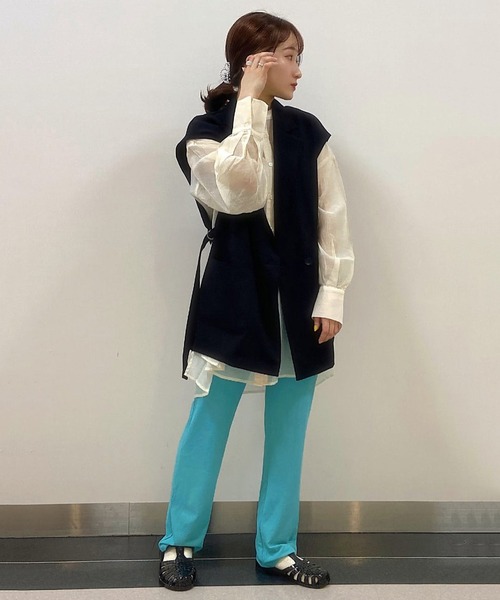 w closet(ダブルクローゼット)の「シアーリブフリーカットイージーパンツ(その他パンツ・レディース・ブラック/ピンク/オレンジ/ミント・FREE)」の9枚目の写真