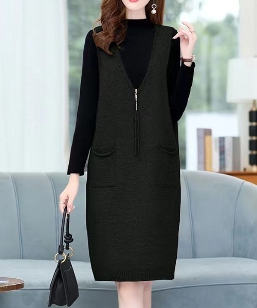 deux amour（ドゥーザムール）の「ZIPジャンスカ（ジャンパースカート・レディース・ブラック/ベージュ・MEDIUM）」の2枚目の写真