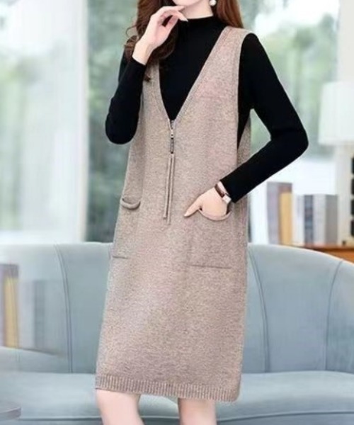 deux amour（ドゥーザムール）の「ZIPジャンスカ（ジャンパースカート・レディース・ブラック/ベージュ・MEDIUM）」の4枚目の写真