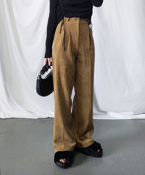 me+em select（ミームセレクト）の「【 ４size ／５color 】ハイウエストツータックルーズコーデュロイパンツ（スラックス・レディース・ブラック/ライトパープル/ダークベージュ/アイボリー/ダークグリーン・SMALL/MEDIUM/LARGE/X-LARGE）」の8枚目の写真