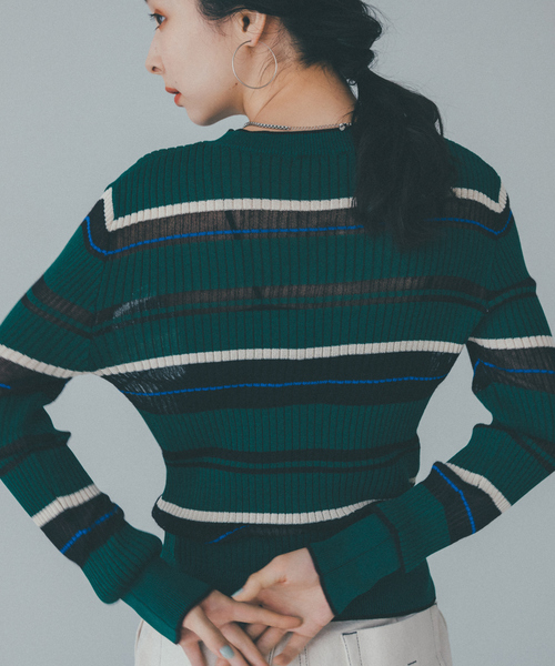 NOMINE（ノミネ）の「シアーボーダーニット（ニット/セーター・レディース・ブラック/グリーン/アイボリー・フリー）」の3枚目の写真