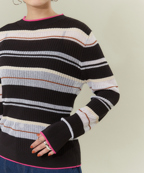 NOMINE（ノミネ）の「シアーボーダーニット（ニット/セーター・レディース・ブラック/グリーン/アイボリー・フリー）」の5枚目の写真