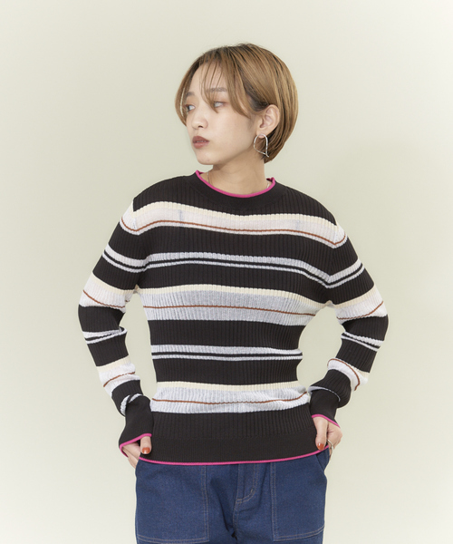 NOMINE（ノミネ）の「シアーボーダーニット（ニット/セーター・レディース・ブラック/グリーン/アイボリー・フリー）」の6枚目の写真