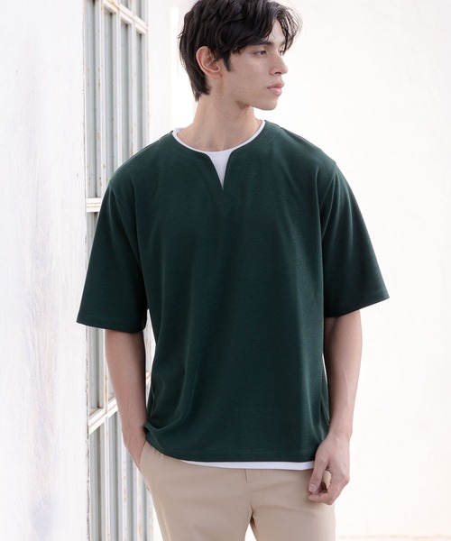 GLOBAL WORK(グローバルワーク)の「キーネックレイヤード/半袖/163738(Tシャツ/カットソー・メンズ・チャコールグレー/ライトグレー/スカイブルー/グリーン/ネイビー/ライトベージュ・SMALL/MEDIUM/X-LARGE/LARGE)」の1枚目の写真
