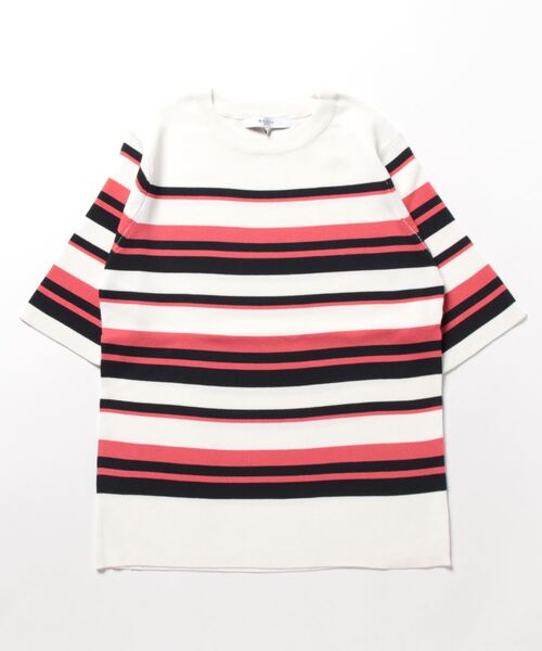 m.f.editorial（エムエフエディトリアル）の「m.f.エディトリアル レディース ボーダー クルーネック 5分袖ニットプルオーバー（ニット/セーター・レディース・グリーン系その他/ピンク系その他・LARGE/MEDIUM）」の4枚目の写真